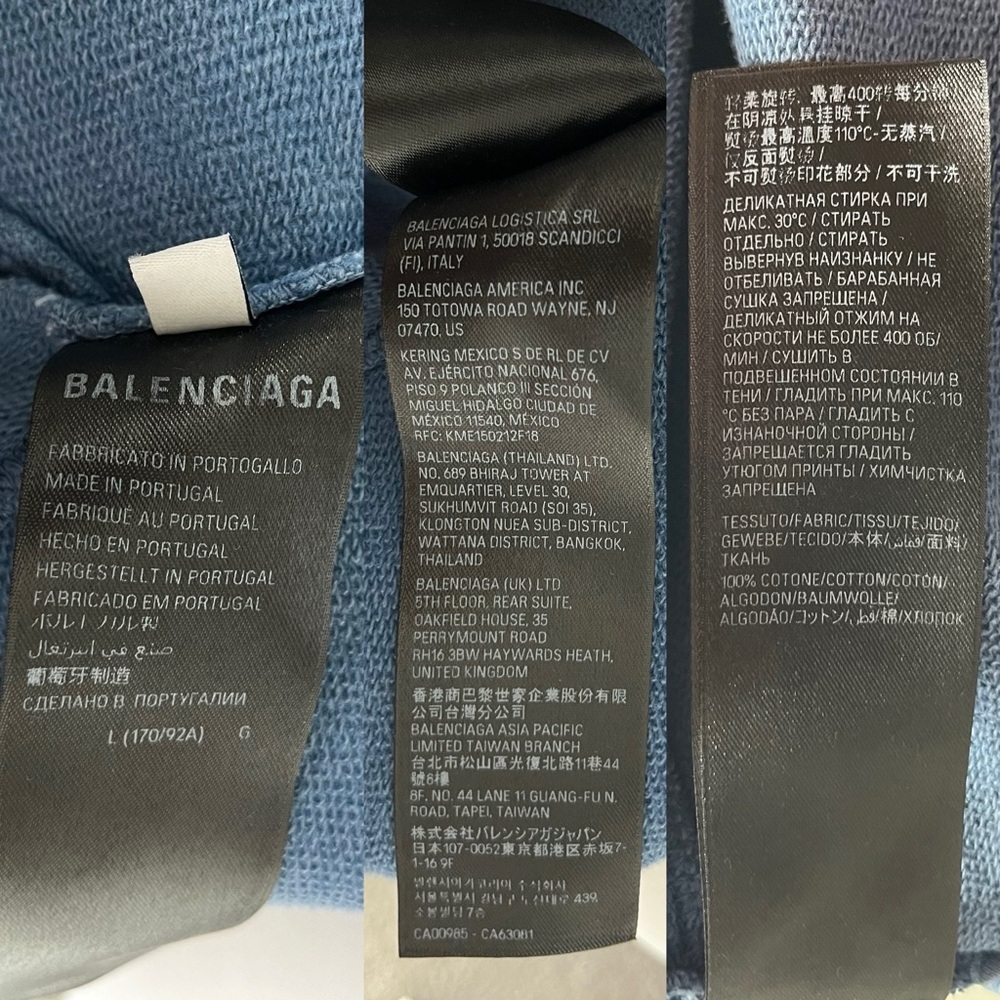 Balenciaga Men's Logo Tape Distressed Ripped Pocket Hoodie Oversized Faded Blue - Picture 13 of 15